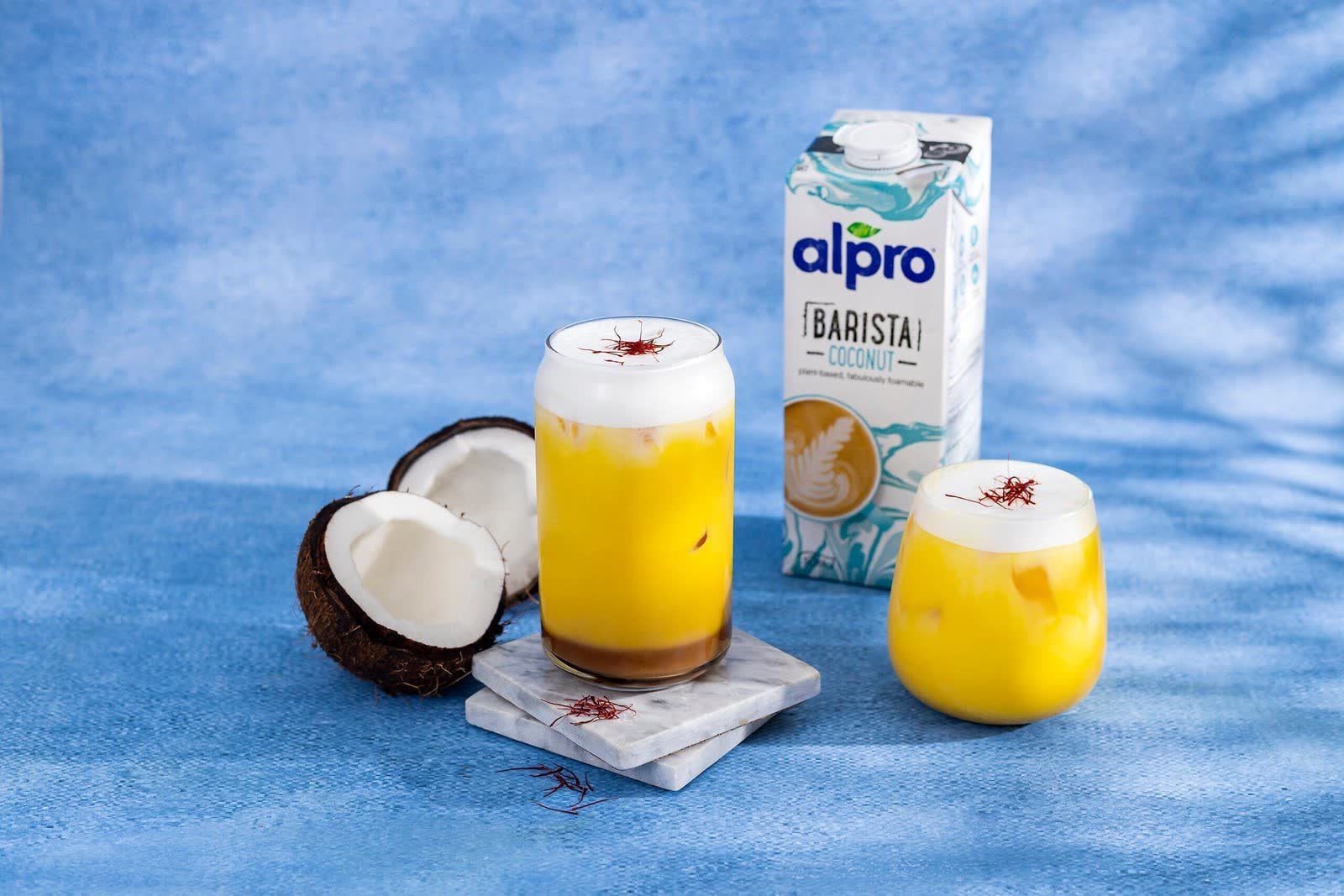 Saffron iced drink styled and photographed for Alpro UAE